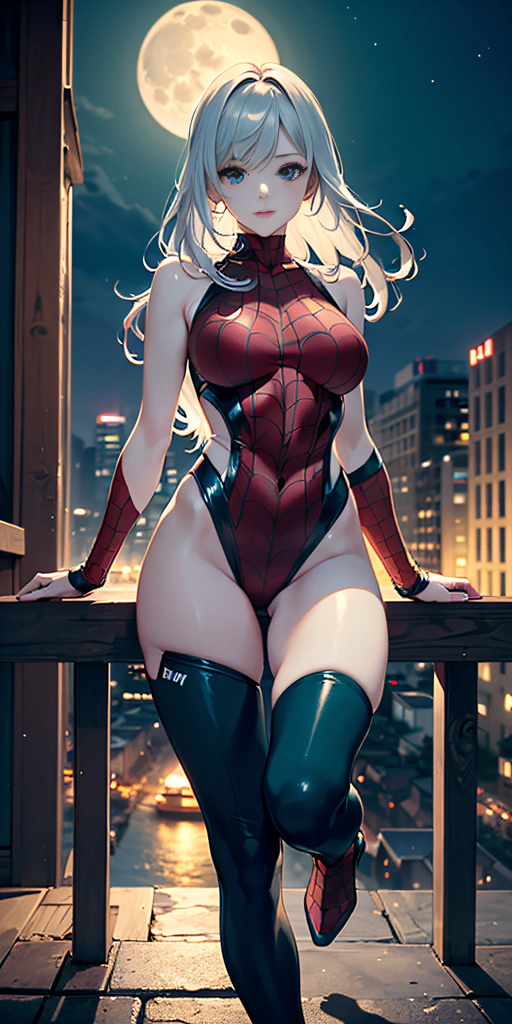 (Masterpiece, 4k resolution, ultra realistic, very detailed), (black + fluorescent green superhero theme, charismatic, there is a girl at the top of the city, dressed in the Spider-Man costume, she is a superheroine), [ ((25 years), (long white hair: 1.2), slim build, full perfect body, (blue eyes: 1.2), ((very daring pose), (cityscape, at night, dynamic lights), (full moon)))]