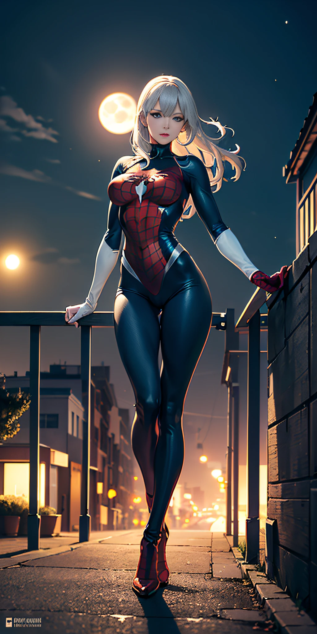 (Masterpiece, 4k resolution, ultra realistic, very detailed), (black + fluorescent green superhero theme, charismatic, there is a girl at the top of the city, dressed in the Spider-Man costume, she is a superheroine), [ ((25 years), (long white hair: 1.2), slim build, full perfect body, (blue eyes: 1.2), ((very daring pose), (cityscape, at night, dynamic lights), (full moon)))]