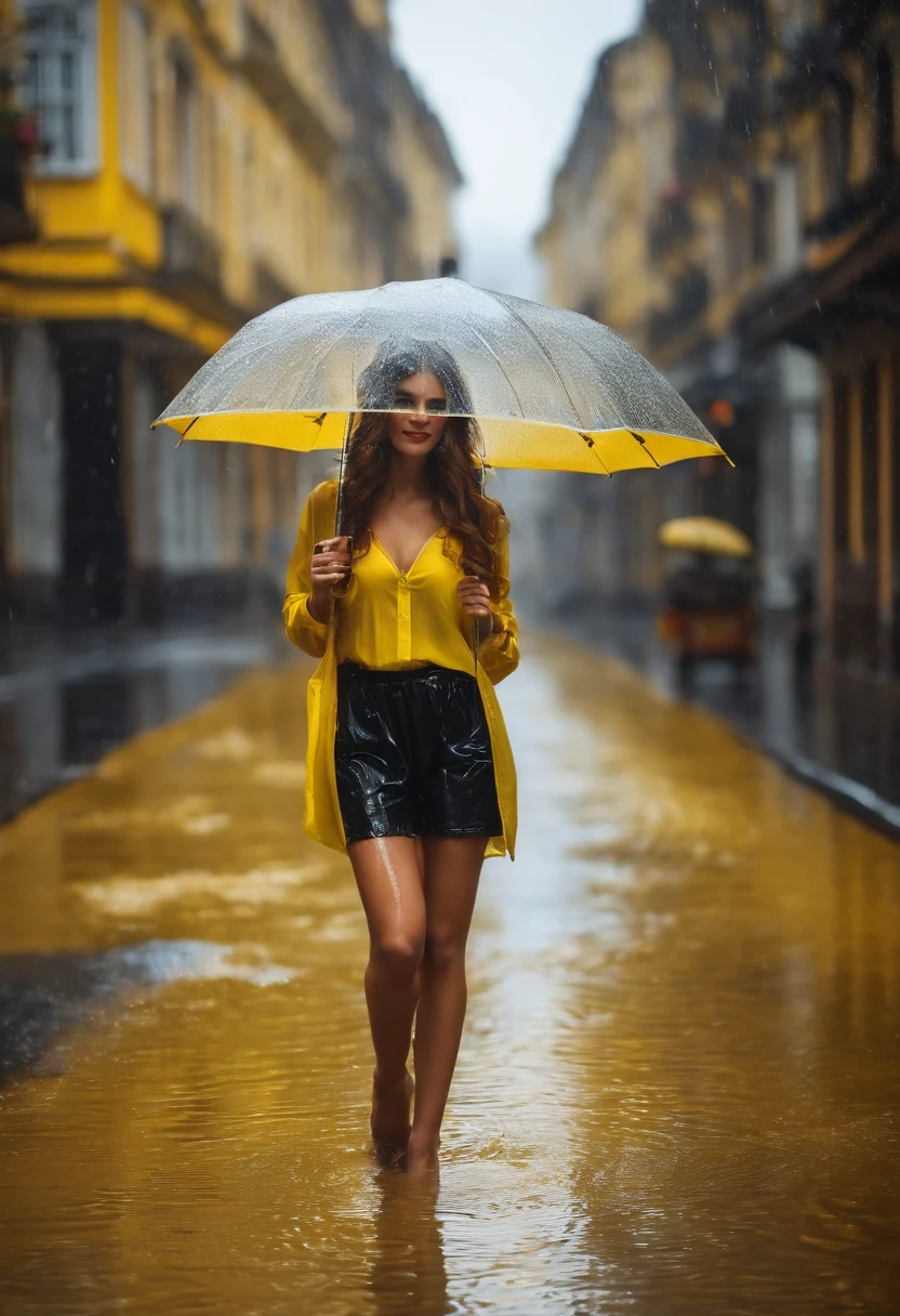 Wet rain opening legs prety woman Transparent a smile amarelo