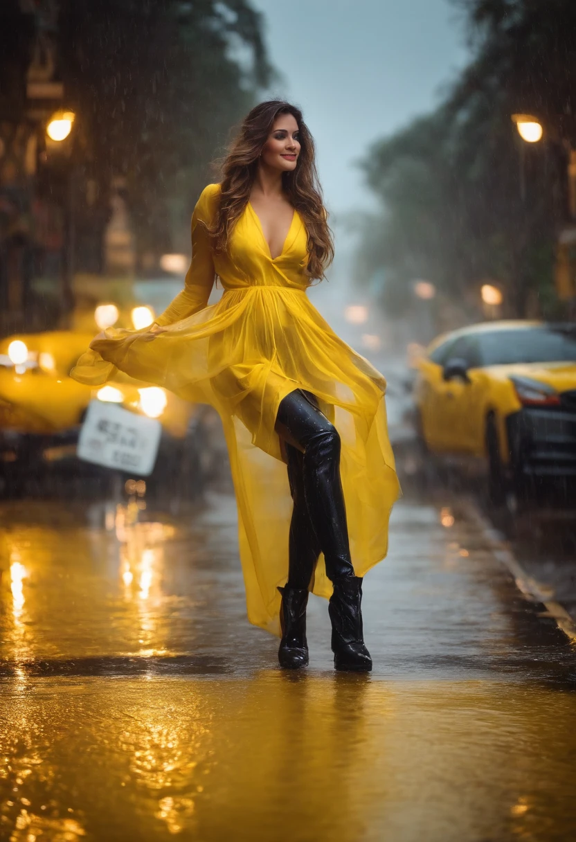Wet rain opening legs prety woman Transparent a smile amarelo