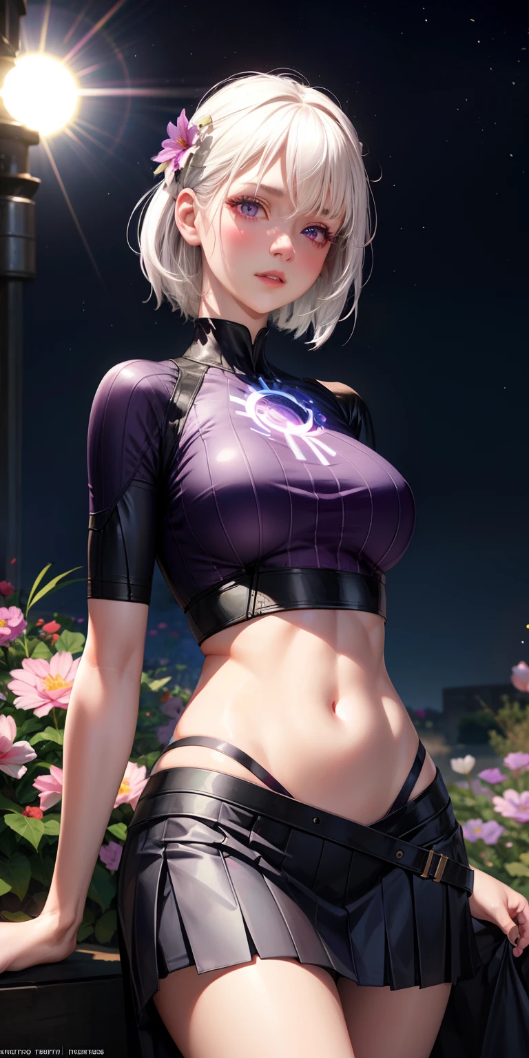 realistic, 1girl, white hair, purple eyes, glowing eyes, crop top, skirt, parted lips, blush, night, flowers, sun, sunlight,