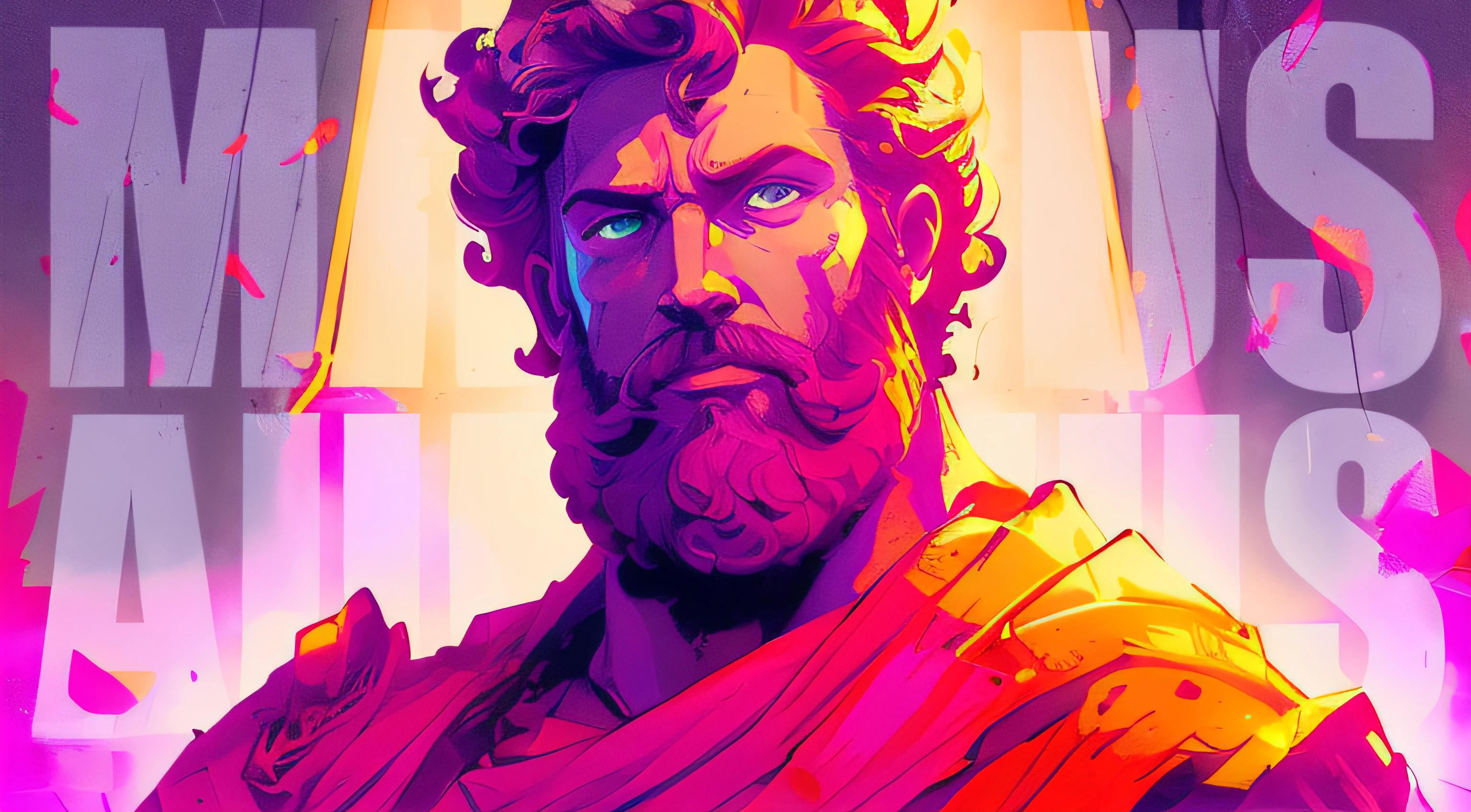 a close up of a man with a beard and a beardless face, neon roman, portrait of rugged zeus, painted portrait of rugged zeus, epic art style, portrait zeus, masterpiece epic retrowave art, furious god zeus, jen bartel, retrowave epic art, stoic, portrait of demigod hercules, stunning art style, epic retrowave art