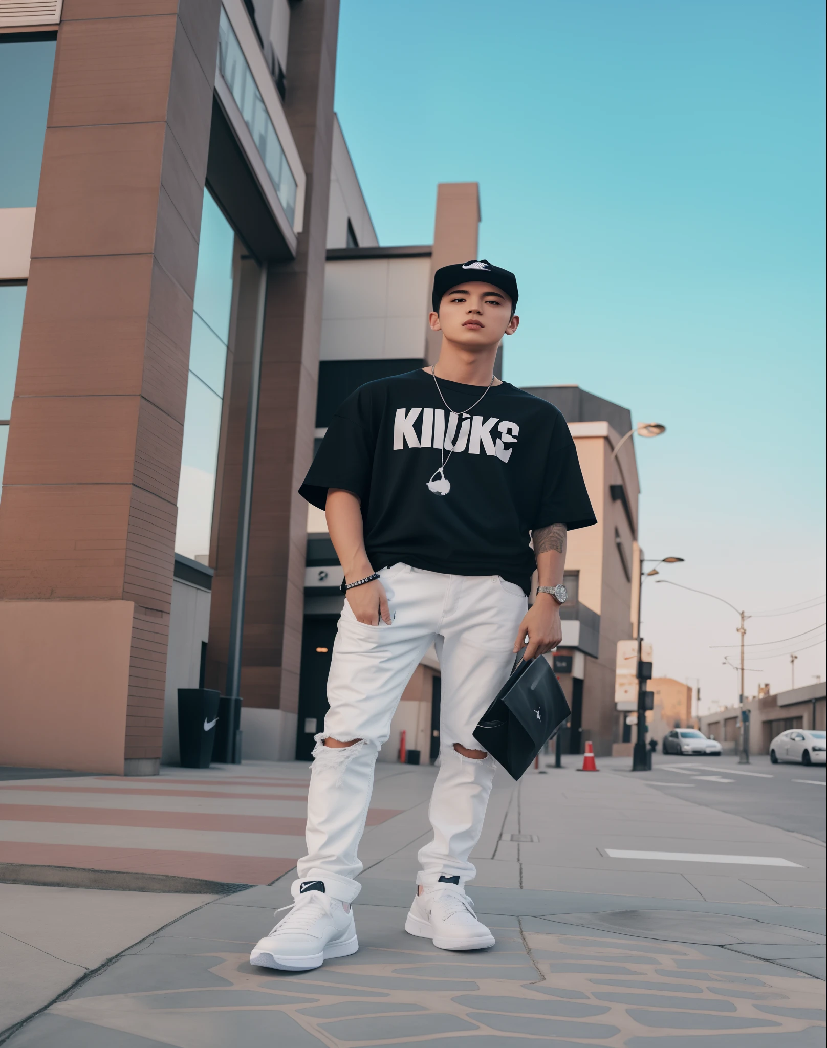 Nike Jordan White shoes, white stylish jeans, black t-shirt, Row face , original photo face, 8k photo, super regulations,