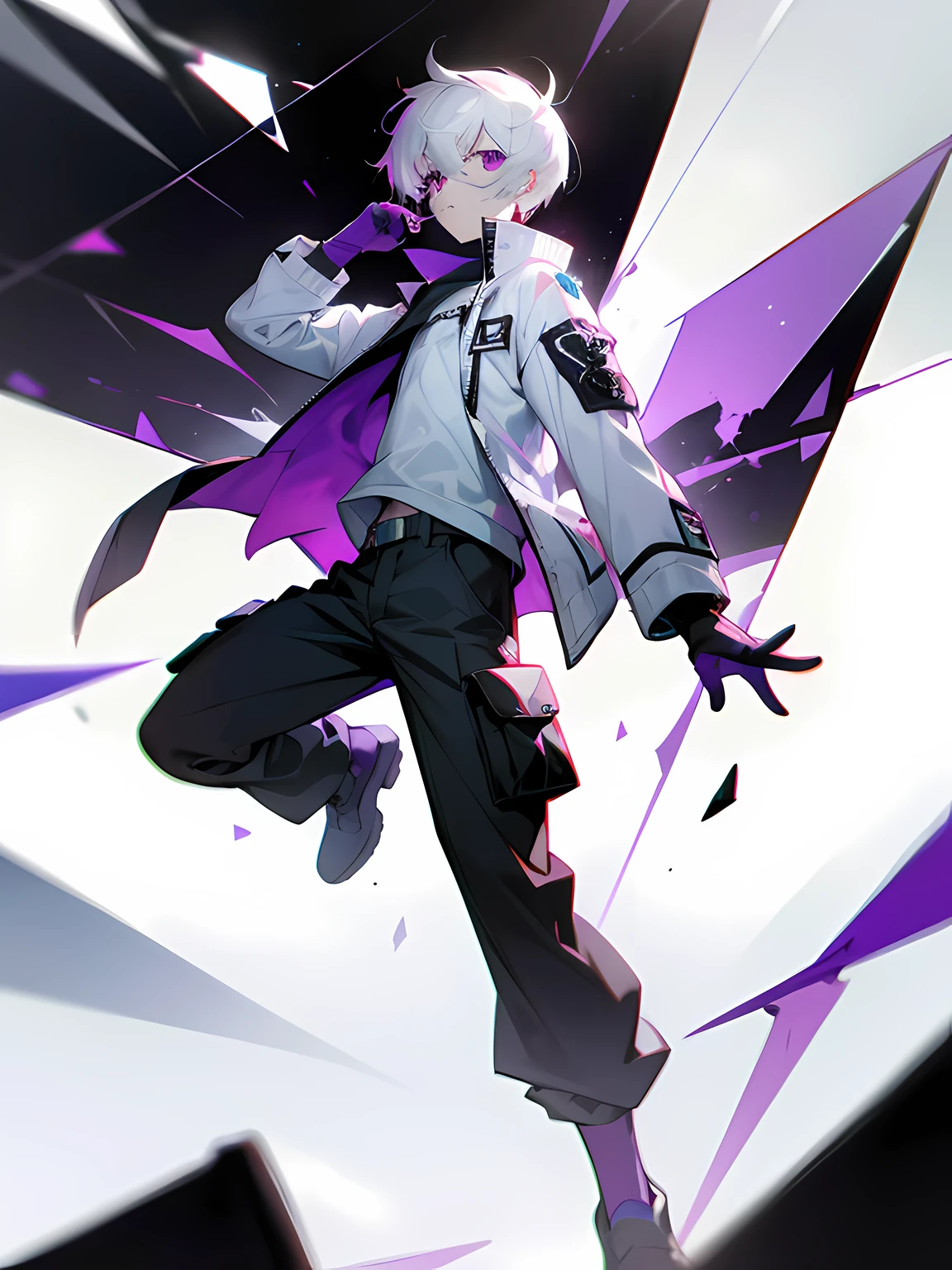 1boy, short white hair, purple eyes, wearing a white jacket, black cargo pants, sad, shattered glass, absurdres, high res, ultrasharp, 8k, masterpiece