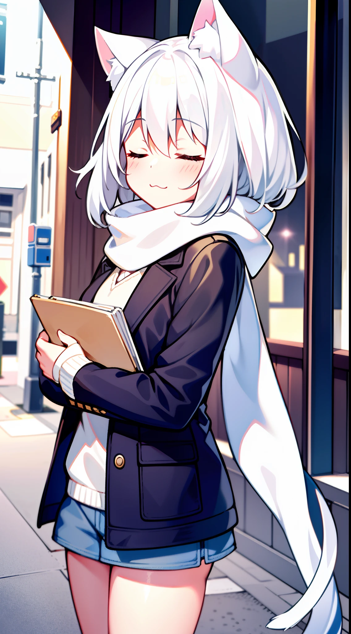 masterpiece, best quality, 1girl, white hair, medium hair, cat ears, closed eyes, looking at viewer, :3, cute, scarf, jacket, outdoors, streets,