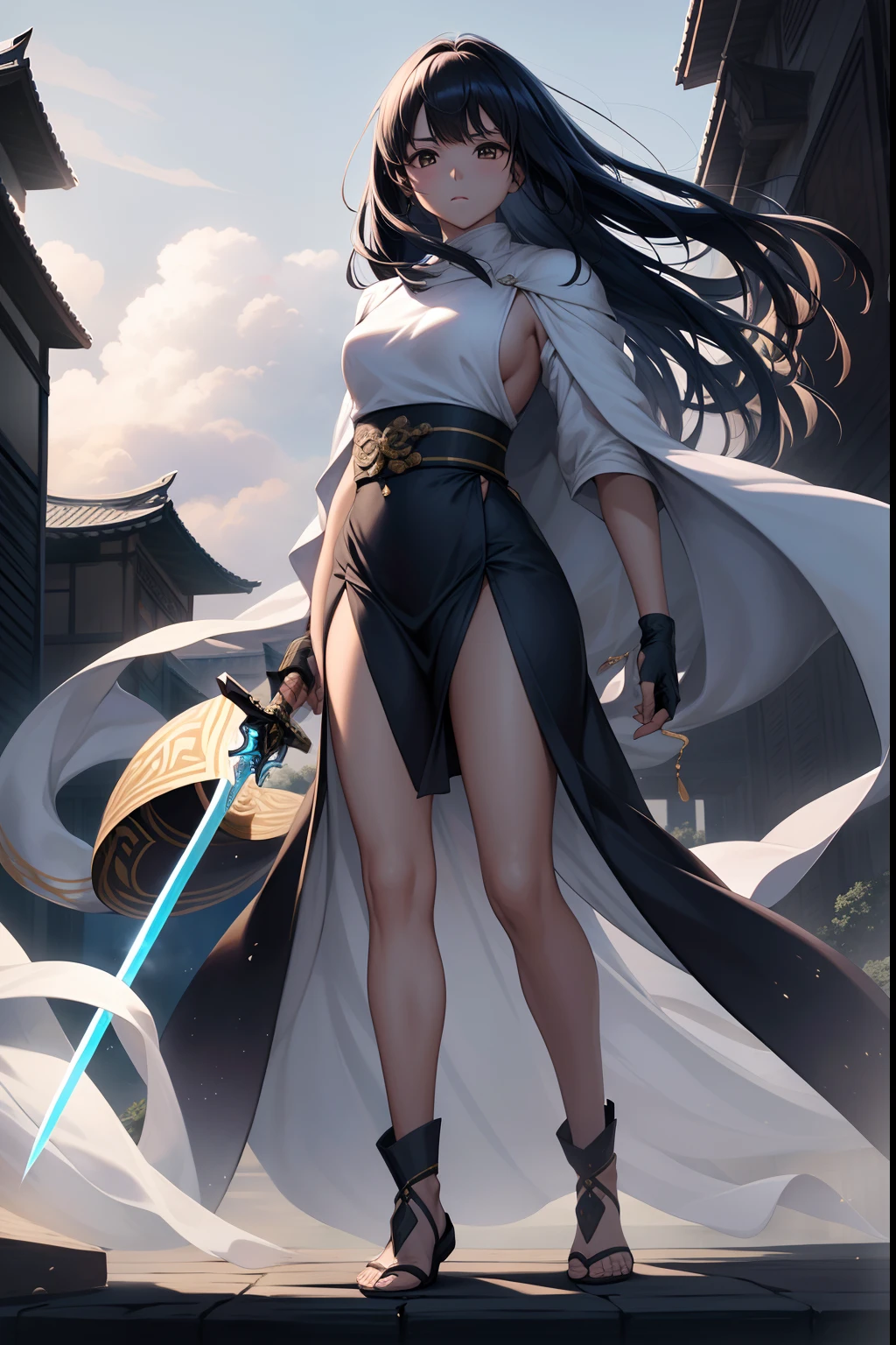 Garota usando trajes hunfa wuxia, cabelos negros longos sedosos, olhar profundo, sensualidade plena, voluptuosa, roupa cor vermelha, Standing on a vessel holding a long, sharp-bladed sword, (clear lighting)(ultrarrealista)(epic appearance)