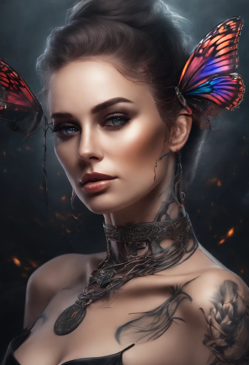 Femme arafed avec des tatouages et un collier avec un papillon sur la poitrine, femme faite de flammes noires, seductive cyberpunk dark fantasy, beautiful cyberpunk woman model, portrait pris, Moteur Unreal : : Maquillage rave, High quality fantastic photo, aetherpunk airbrush digital art, Portrait de Demon Girl, Photographie de portrait artistique 8k, Airbrush Digital Art, Flames surround it