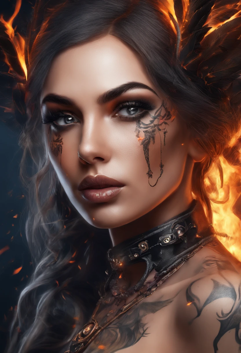 Femme arafed avec des tatouages et un collier avec un papillon sur la poitrine, femme faite de flammes noires, seductive cyberpunk dark fantasy, beautiful cyberpunk woman model, portrait pris, Moteur Unreal : : Maquillage rave, High quality fantastic photo, aetherpunk airbrush digital art, Portrait de Demon Girl, Photographie de portrait artistique 8k, Airbrush Digital Art, Flames surround it