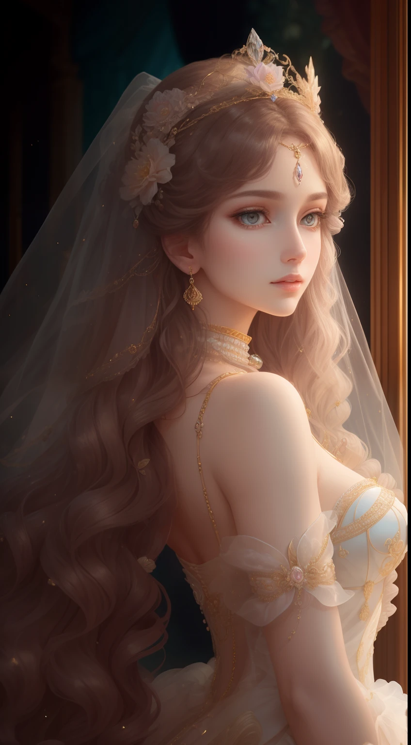 tmasterpiece，Highest high resolution，Soft lighting，Beautiful aristocratic maiden，Delicate coiled hair，curlies，Shining clear eyes，The hair is covered with beautiful and delicate floral jewelry craftsmanship, crystal、diamond jewelly，Ultra-detailed details，upscaled。Pastel, Dreamy, Delicate, Gorgeous golden shell crown, Epic surrealism, The upper part of the body，Meticulous, extremely hyper aesthetic，upscaled