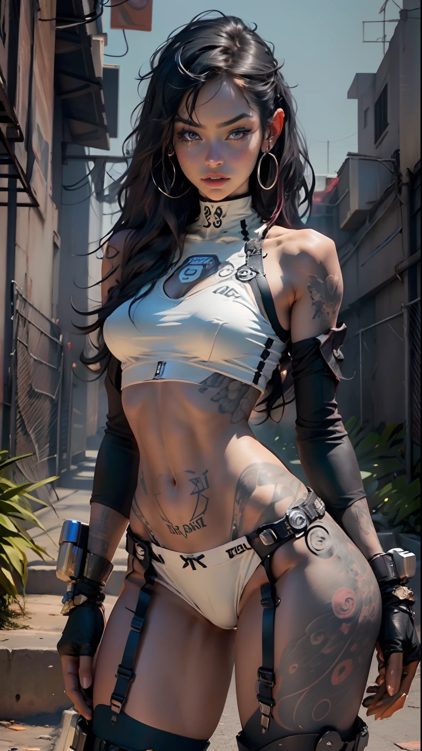 Woman defined perfect body thighs cybernetic body parts large breasts , small, see-through underwear with tatto on shoulder and sigh A tattoo inspiring power and sensitivity, related to law of attraction, suitable for men, something uncommon, black and white that would fit a full-sleve arm
