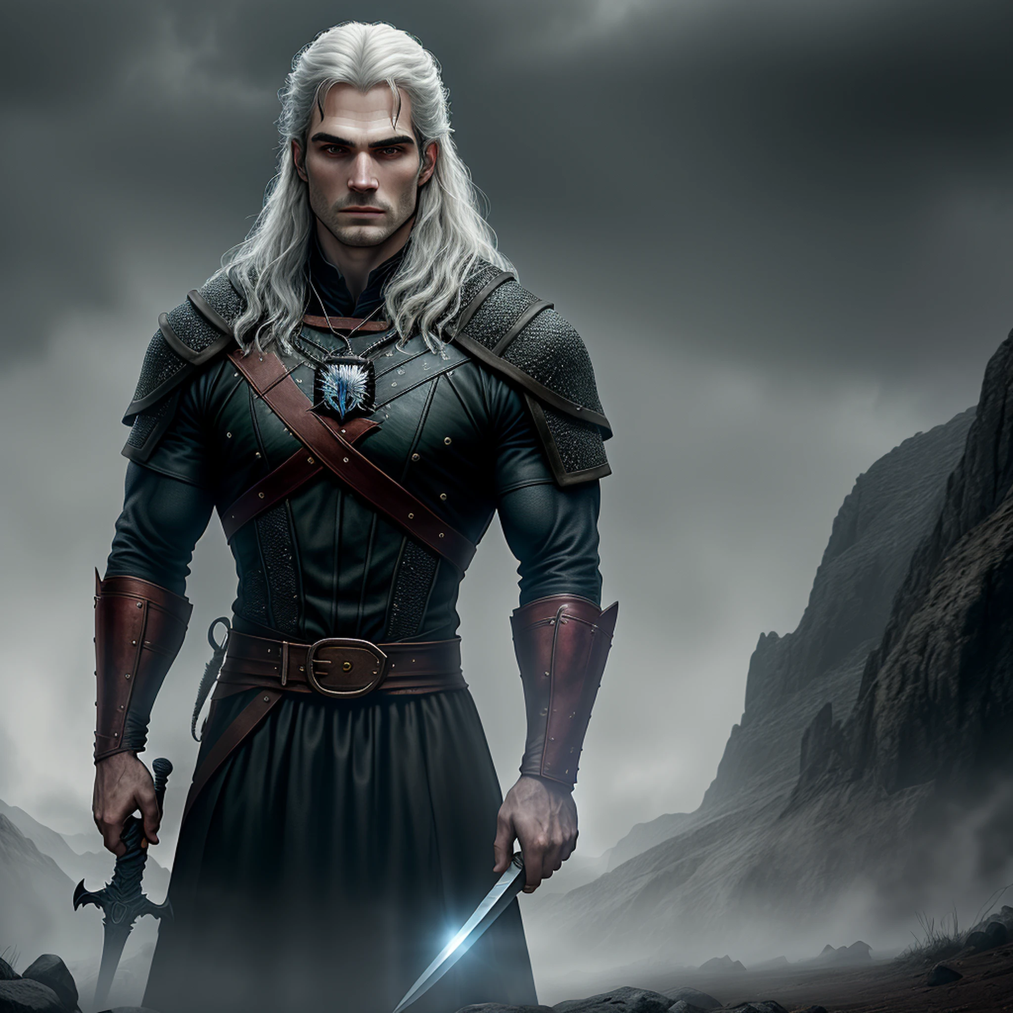 The Witcher, Henry Cavill, Henry Cavill's face, ultra quality Henry Cavill's face, full body, a sword on the back, holding in front of a witch, in front of a witch in the hand, black eyes, black eyes, {{{full body }}}, high quality dark background, highly detailed, high detail, ultra detailed, red light and cinematic blue, depth