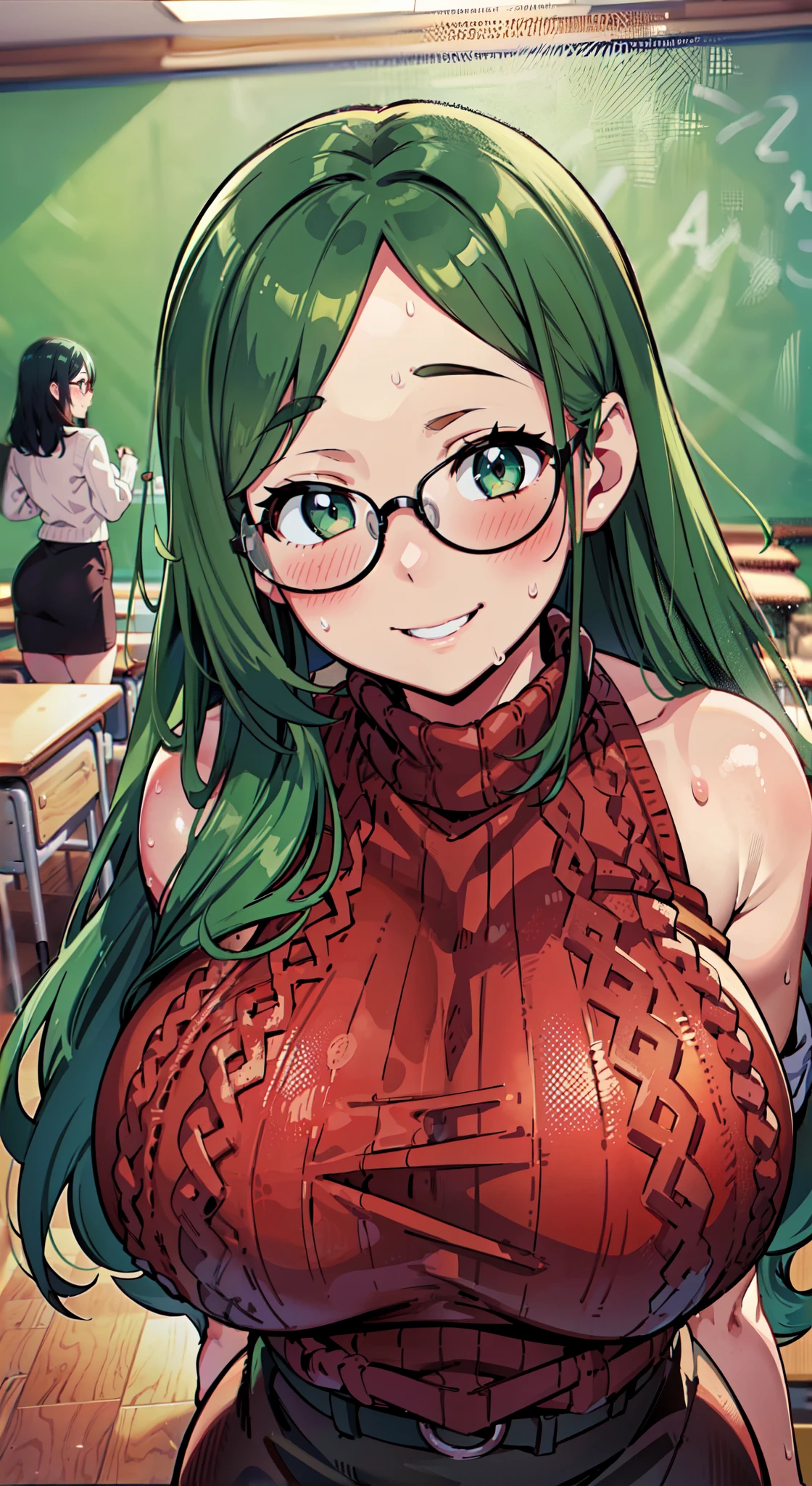 (Perfect body),Best Quality,(8K Portrait),(Official art)、(((((A smile))))、(((Forehead)))、Mouth open、(((blush))),(Sweat),((((large udder))))、((((Big ass))))、(((fatness)))、(Green hair),((The long-haired))、(greeneyes),(((thick thighs)))、(((Red knitted sweater)))、(((Black Pencil Skirt)))、(eye glasses)、adult  woman、Cowboy Shot、(((Arms behind the body)))、(Armpits)、Standing、(((‎Classroom)))、