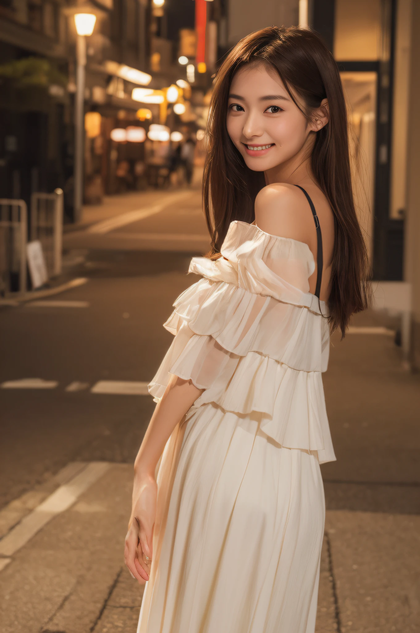((japanaese girl)), (masutepiece:1.3), (8K, Photorealistic, Raw photography, Clear focus: 1.2, Best Quality:1.4), (1girl in), Beautiful face, Realistic face, (Detailed face), Beautiful hairstyle, (detailed hairs), Realistic eyes, (Detailed eyes), Beautiful details, Realistic skin, (Detailed skin), Beautiful skin, Attractive, Ultra high definition, A hyper-realistic, Very detailed, Japanese beauty, (slim figure), Gentle, Brown hair, (Supermodel Figures), Cute young Japan girl, Cute young Japan girl, (plein air, Night: 1.1), City Street, Smile, Off shoulder dress