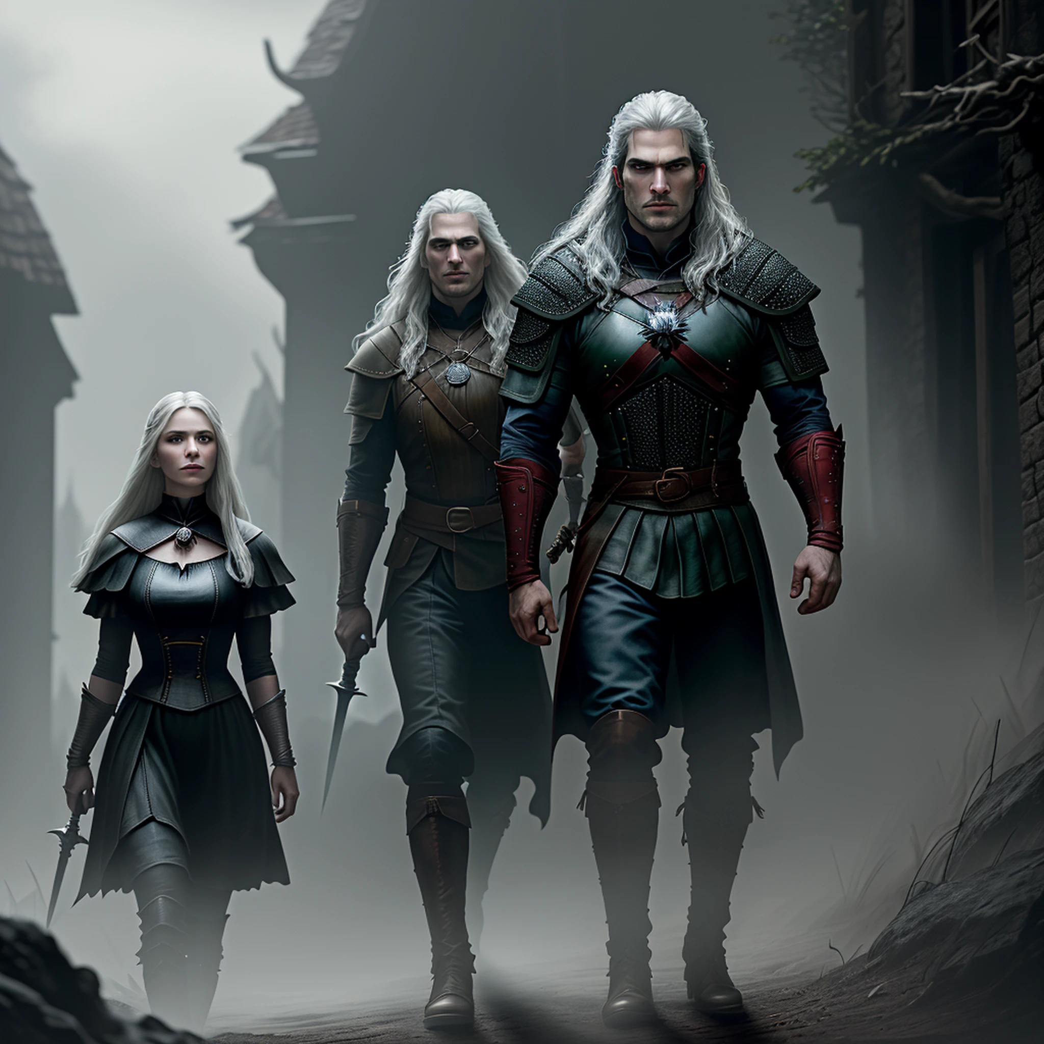 The Witcher, Henry Cavill, Henry Cavill's face, ultra quality Henry Cavill's face, full body, a sword on the back, holding in front of a witch, in front of a witch in the hand, black eyes, black eyes, {{{full body }}}, high quality dark background, highly detailed, high detail, ultra detailed, red light and cinematic blue,  depth