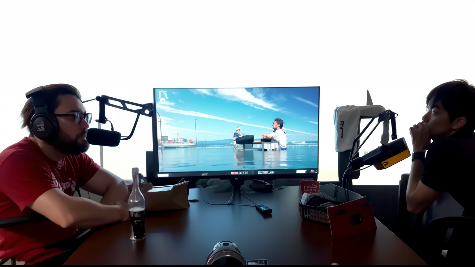 two guys sitting at a table , talking in a podcast, microphones in front of guys, tv in the background, two ps5 controllers in front of    the tv on the table