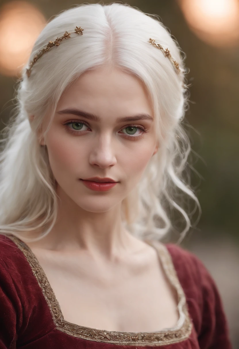 (((a deep reddish wound crosses her left cheek))) fair complexion, woman around 19 years old, natural white hair, distinctive green eyes, wearing kohl, slender and graceful, beautiful, candlelight in a medieval setting, ultra sharp focus, realistic shot, medieval female clothes, tetradic colors (scar:1.4)