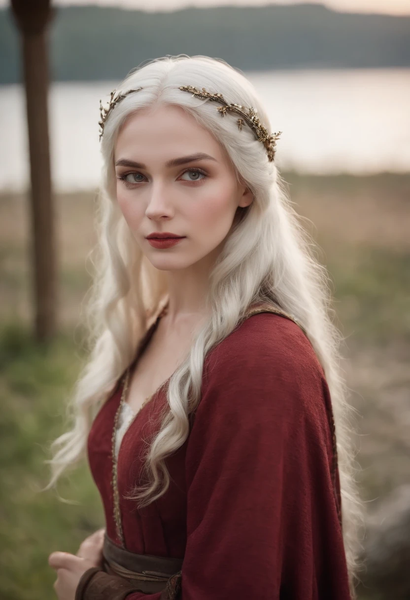 (((a deep reddish wound crosses her left cheek))) fair complexion, woman around 19 years old, natural white hair, distinctive green eyes, wearing kohl, slender and graceful, beautiful, candlelight in a medieval setting, ultra sharp focus, realistic shot, medieval female clothes, tetradic colors (scar:1.4)