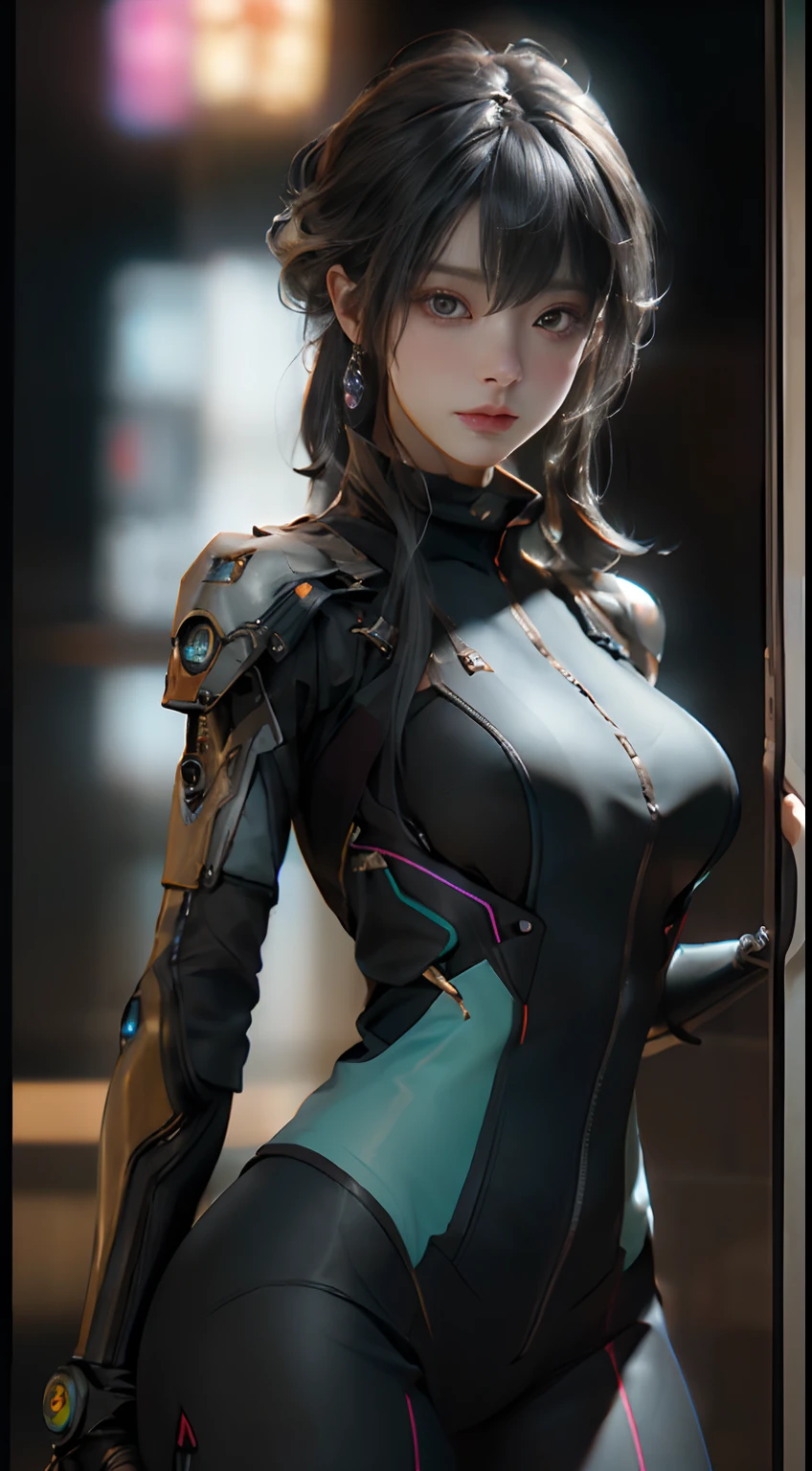 ((best qualtiy)), ((tmasterpiece)), (the detail:1.4), 3D, A beautiful cyberpunk female image,HDR(HighDynamicRange),Ray traching,,Cyberpunk city in the background,NVIDIA RTX,Super-Resolution,Unreal 5,Subsurface scattering、PBR Texture、post-proces、Anisotropy Filtering、depth of fields、maximum definition and sharpness、Many-Layer Textures、Albedo e mapas Speculares、Surface Coloring、Accurate simulation of light-material interactions、perfectly proportions、Octane Render、Two-colored light、largeaperture、Low ISO、White balance、the rule of thirds、8K RAW、