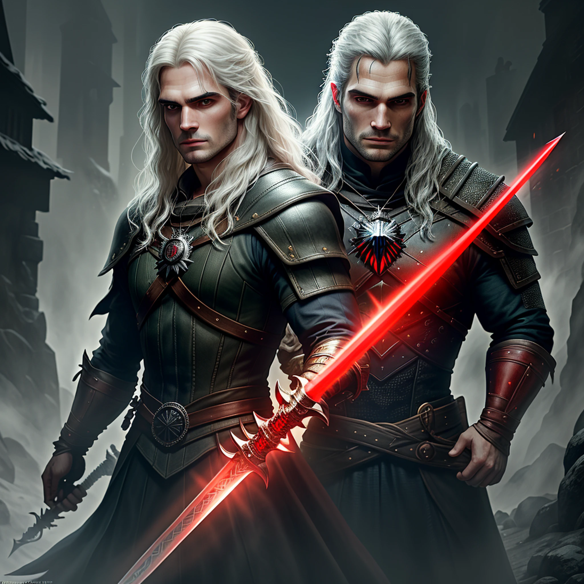 The Witcher, Henry Cavill, Henry Cavill's face, ultra quality Henry Cavill's face, full body, a sword on the back, holding in front of a witch, in front of a witch in the hand, black eyes, black eyes, {{{full body }}}, high quality dark background, highly detailed, high detail, ultra detailed, red light and cinematic blue, depth