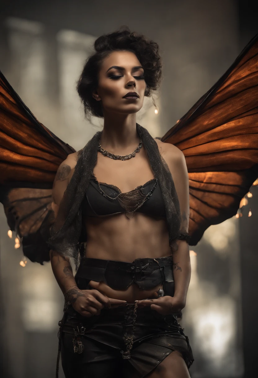 Femme arafed avec des tatouages et un collier avec un papillon sur la poitrine, femme faite de flammes noires, seductive cyberpunk dark fantasy, beautiful cyberpunk woman model, portrait pris, Moteur Unreal : : Maquillage rave, High quality fantastic photo, aetherpunk airbrush digital art, Portrait de Demon Girl, Photographie de portrait artistique 8k, Airbrush Digital Art, Flames surround it