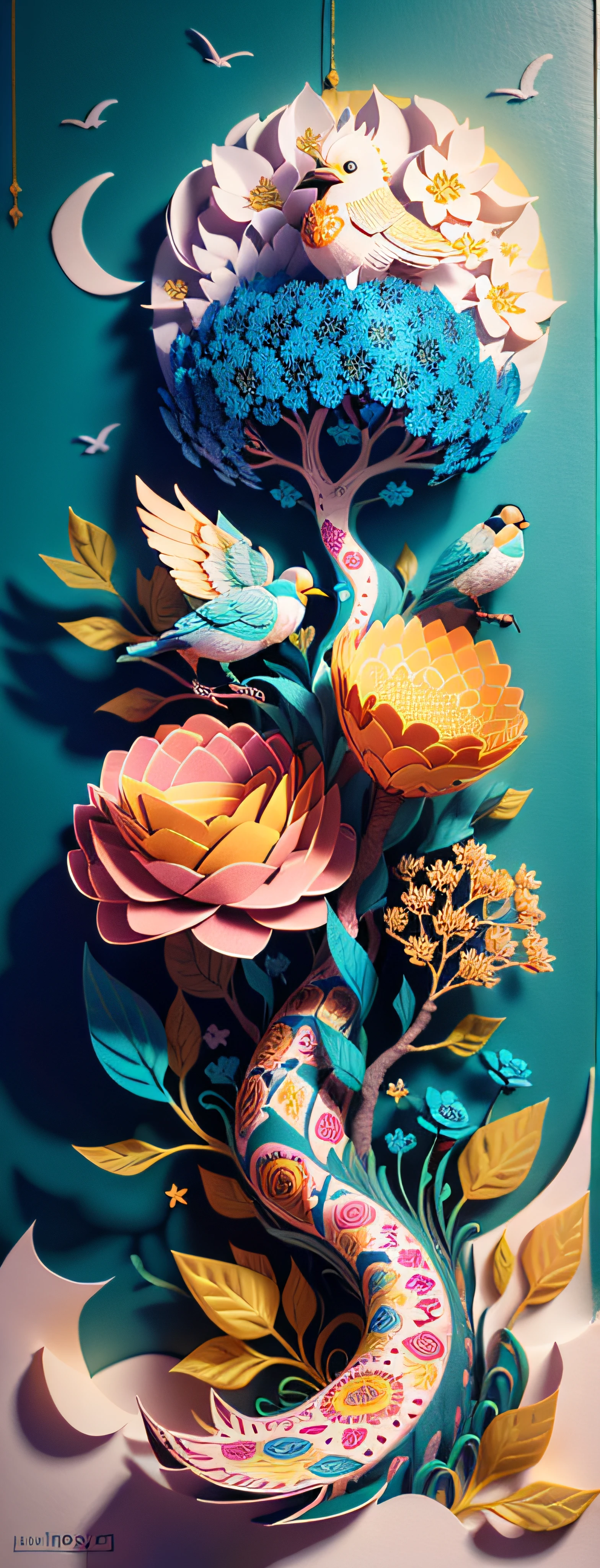 Paper art with flowers, Birds and trees, paper art, trend on behance 3d art, trend on behance 3 d art, 3 d illutration, layered paper art, intricate 3 d illustration, paper modeling art, behance art, Detailed digital 3D art, stylized 3 d graphics, Adobe Illustrator Art, layered paper style