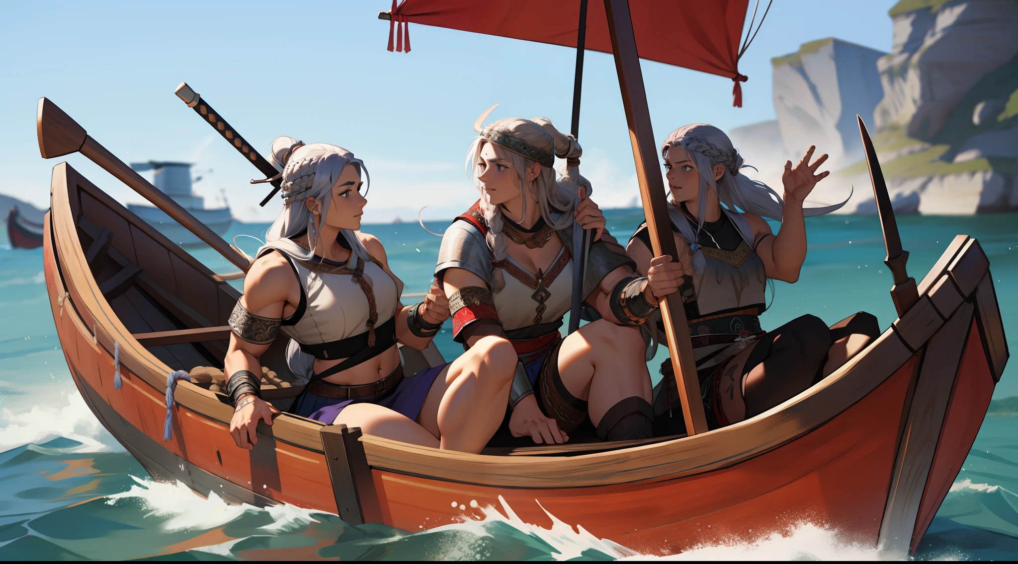 ((female viking) + (viking in a Drakkar boat)) . (muscle: 2.0)