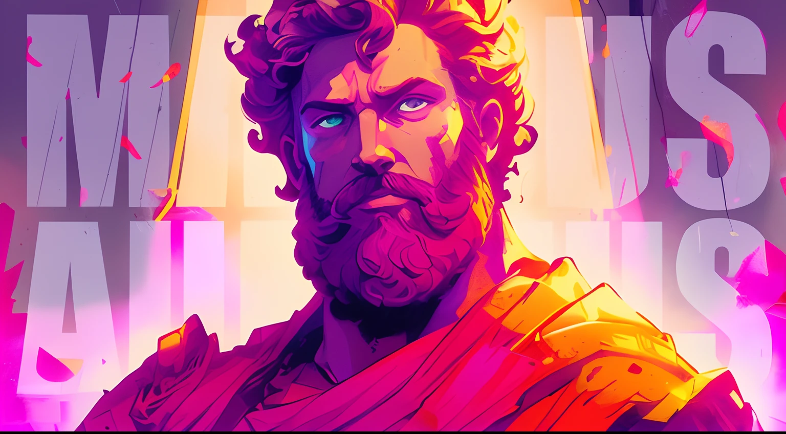 a close up of a man with a beard and a beardless face, neon roman, portrait of rugged zeus, painted portrait of rugged zeus, epic art style, portrait zeus, masterpiece epic retrowave art, furious god zeus, jen bartel, retrowave epic art, stoic, portrait of demigod hercules, stunning art style, epic retrowave art