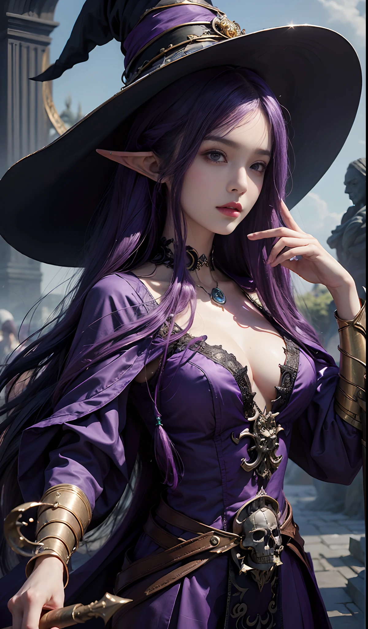 Best quality, Masterpiece, Detailed, Long dress, Purple-haired woman, holding a staff, Artgerm inspired, pixiv contest winner, The Witch, berserk art style, Close-up portrait, Goddess skull, Magic Hat,the elf...