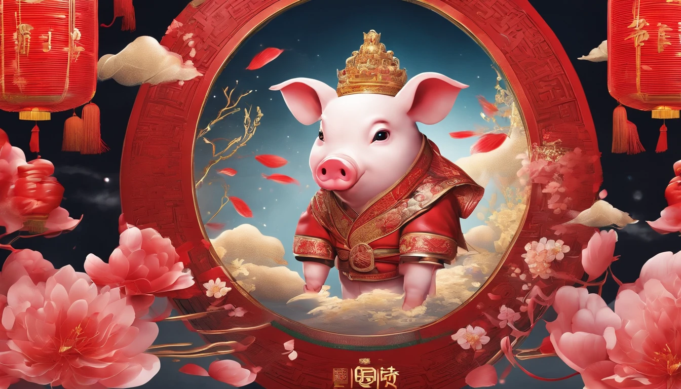 In Merlin，Falling petals and snow are the background，Bright lighting，The zodiac pig is the theme，Tang dynasty accessories on pigs，Red firecrackers，Chinese knot