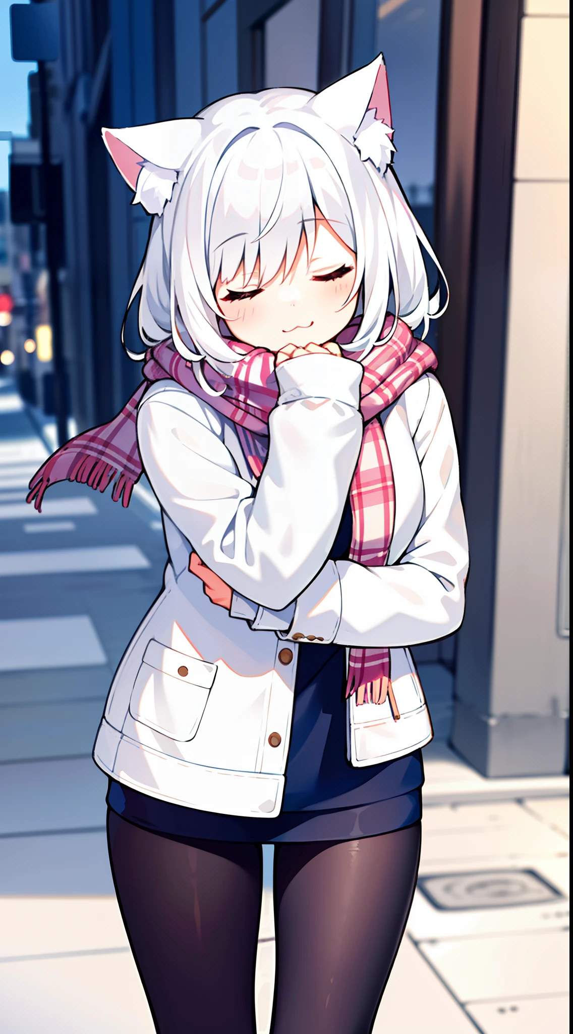 masterpiece, best quality, 1girl, white hair, medium hair, cat ears, closed eyes, looking at viewer, :3, cute, scarf, jacket, outdoors, streets,