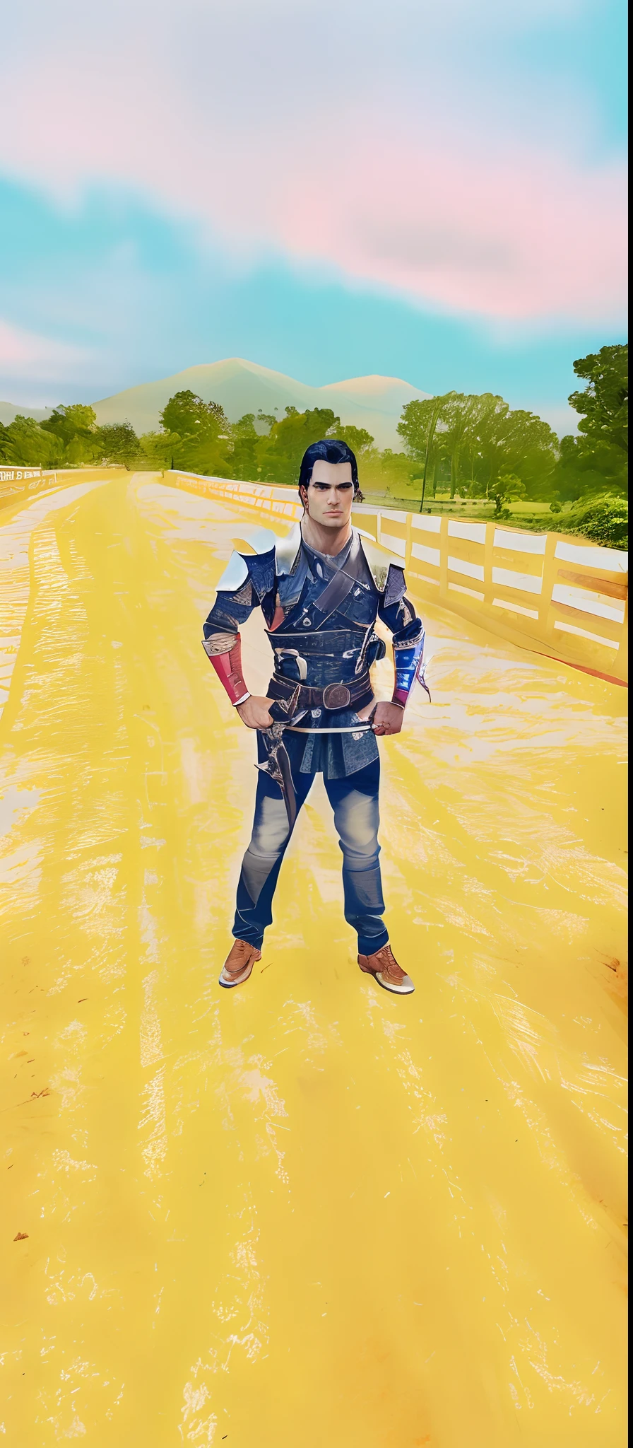 The Witcher, Henry Cavill, Henry Cavill's face, ultra quality Henry Cavill's face, full body, a sword on the back, holding in front of a witch, in front of a witch in the hand, black eyes, black eyes, {{{full body }}}, high quality dark background, highly detailed, high detail, ultra detailed, red light and cinematic blue, depth