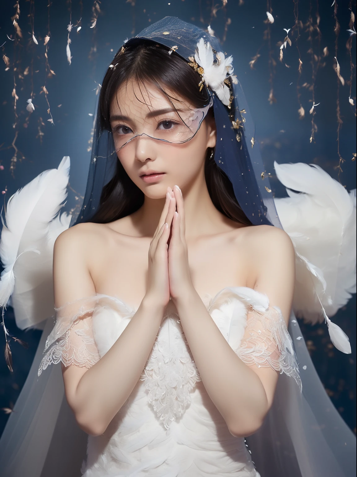 (top-quality、8K、masterpiece:1.3)、1girl in、独奏、(goddes、White feathers、large wings、Wind:1.6)、(Whole body ES:1.6)、Slim Abs Beauty、(the golden ratio、Super fine face、Well-groomed and beautiful face、Beautie、Delicat eyes、二重まぶた、As Tsun:1.5)、(Open your arms:1.3)、(A thin veil covering the whole body:1.5)、(4 beautiful fingers、One beautiful thumbs、Perfectly shaped hands:1.3)、(Gorgeous and fantastic backgrounds、Mythical world:1.5)