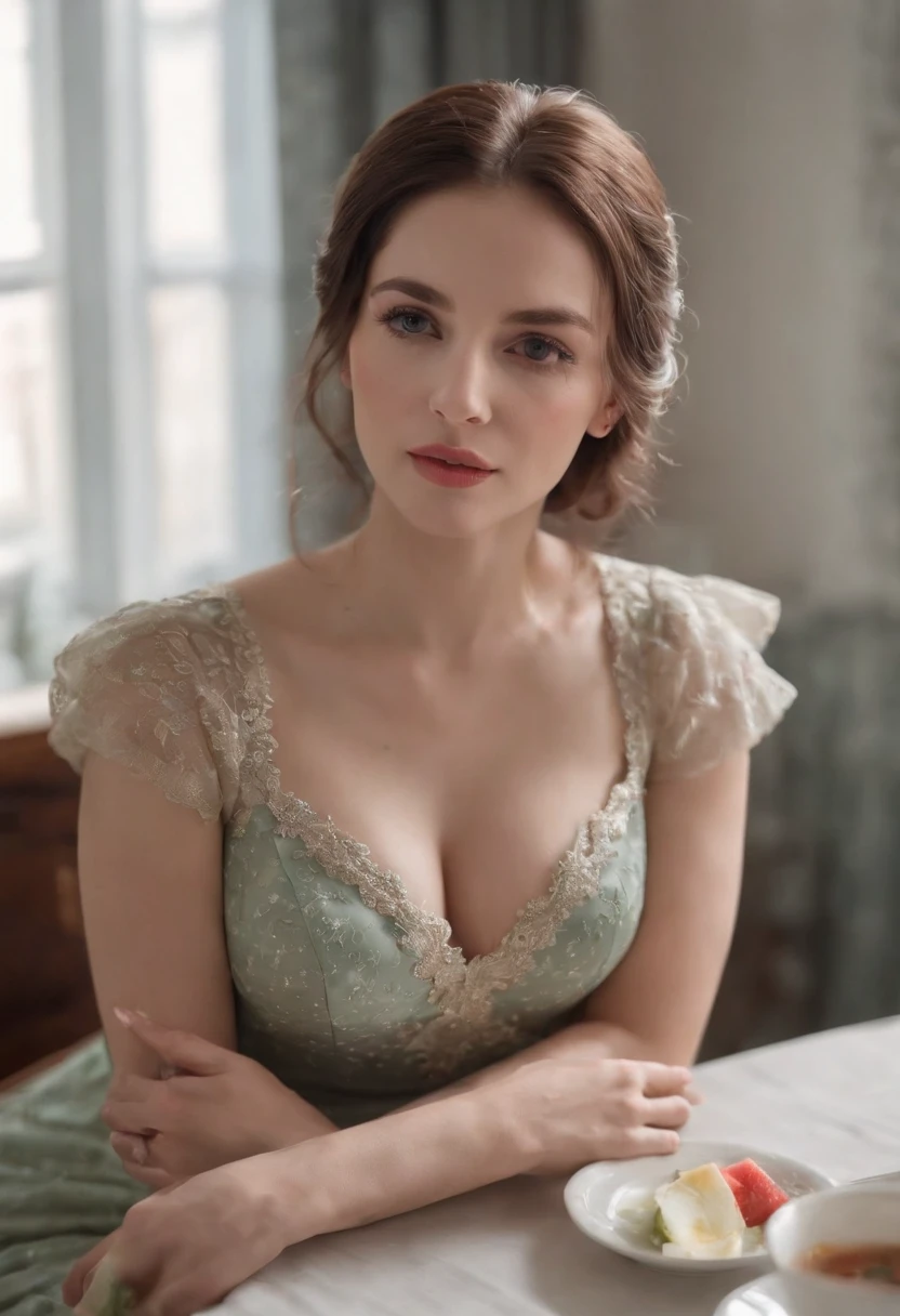 A woman sits quietly in the dining room,She looked into the distance,The clothes are elegant,huge tit,gigantic cleavage breasts,Breasts larger than watermelons,Snow-whiteskin,Skin texture