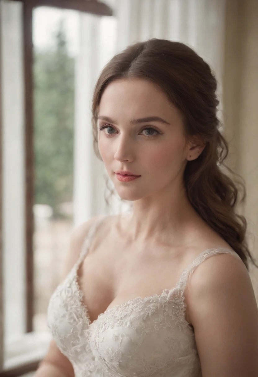 A woman sits quietly in the dining room,She looked into the distance,The clothes are elegant,huge tit,gigantic cleavage breasts,Breasts larger than watermelons,Snow-whiteskin,Skin texture