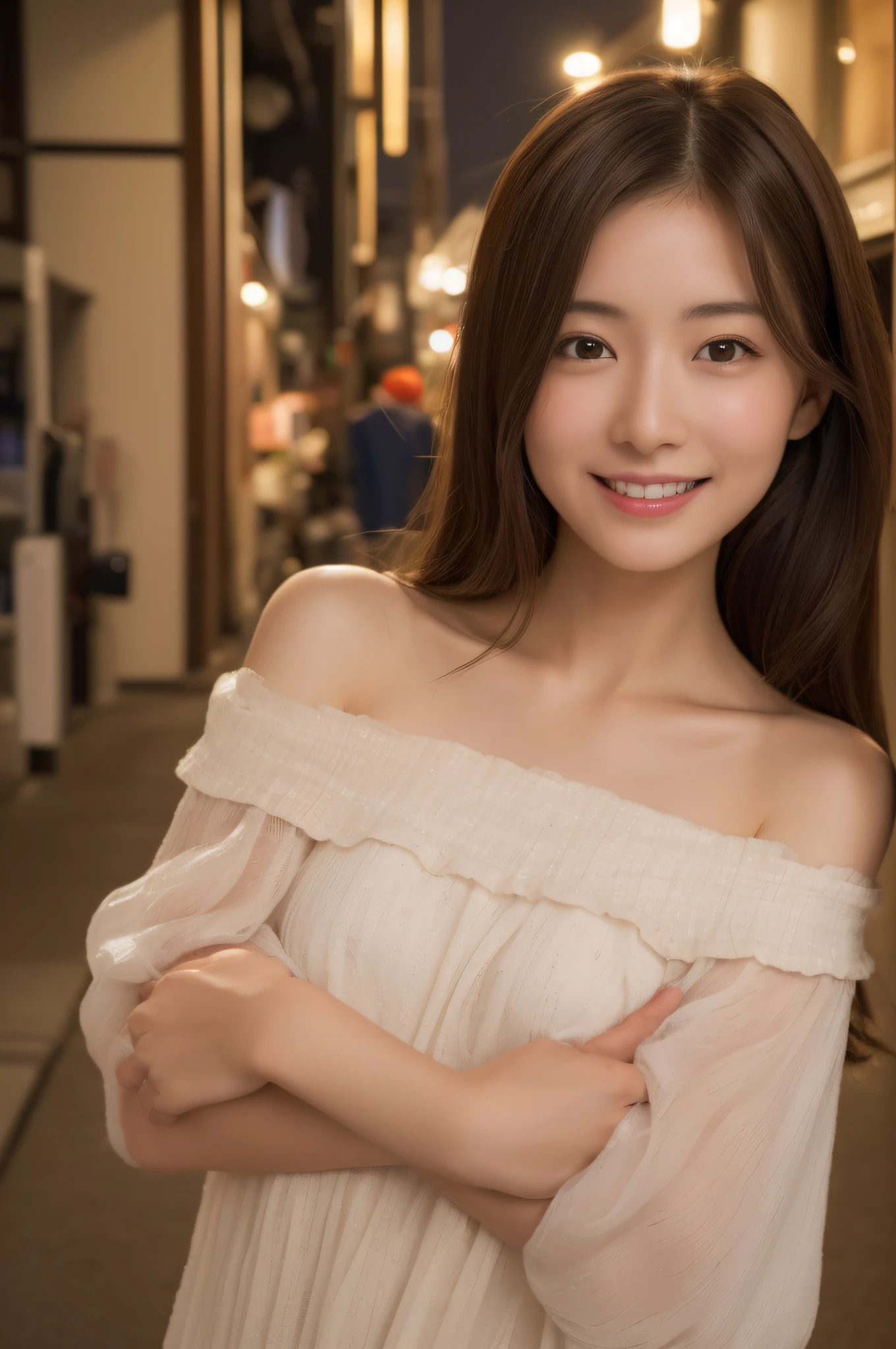 ((japanaese girl)), (masutepiece:1.3), (8K, Photorealistic, Raw photography, Clear focus: 1.2, Best Quality:1.4), (1girl in), Beautiful face, Realistic face, (Detailed face), Beautiful hairstyle, (detailed hairs), Realistic eyes, (Detailed eyes), Beautiful details, Realistic skin, (Detailed skin), Beautiful skin, Attractive, Ultra high definition, A hyper-realistic, Very detailed, Japanese beauty, (slim figure), Gentle, Brown hair, (Supermodel Figures), Cute young Japan girl, Cute young Japan girl, (plein air, Night: 1.1), City Street, Smile, Off shoulder dress