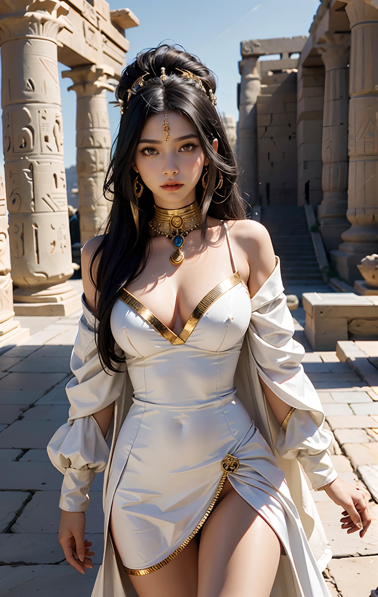 (Ancient Egyptian temples:1 girl with black hair,An Egyptian princess), tmasterpiece, best qualtiy, RAW photogr, realisticlying, the face, Incredibly Ridiculous res,, ear studs, (flowing long black hair),eye shadows,Authentic ancient Egyptian white long dress,jewelry,leg loops,depth of fields, A high resolution, ultra - detailed, filigree, RAWE is very detailed, very detailed eyes and faces, Sharp pupils, realistic pupil, tack sharp focus, cinmatic lighting,full bodyesbian,Bigboobs,long leges,From the front side,Desert Egyptian Temple,Nile River,dynamicposes,Normal posture,closeup of face