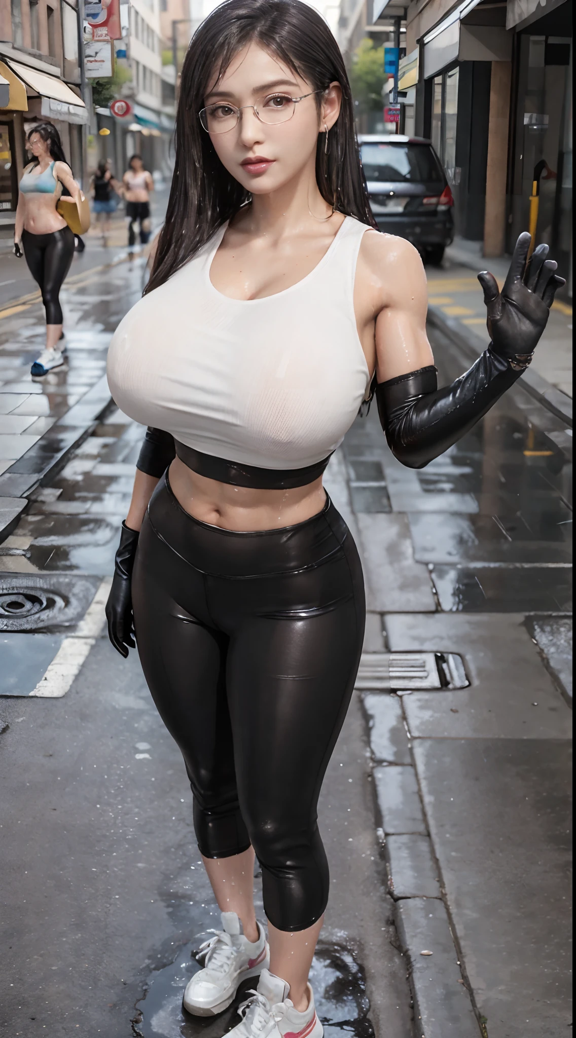 (Mature Woman:1.5), solo, (huge fake breasts:1.5), (muscular thick body:1.6), (muscle abs:1.2), (expression of lust:1.5), (glasses:1.5), looking at viewer, (wet sweaty body:1.5), (perfect glove:1.5), (wet skintight crop top tank top:1.5), (skintight yoga pants:1.1), (Beautifull makeup:1.5), (standing pose:1.75), (sneakers:1.5), Best quality at best, (street city:1.5), diffuselighting, depth of fields, Background bokeh, photorealistic, UHD, (anatomically correct:1.5), high details, high quality, best quality, highres, 16k, HD.