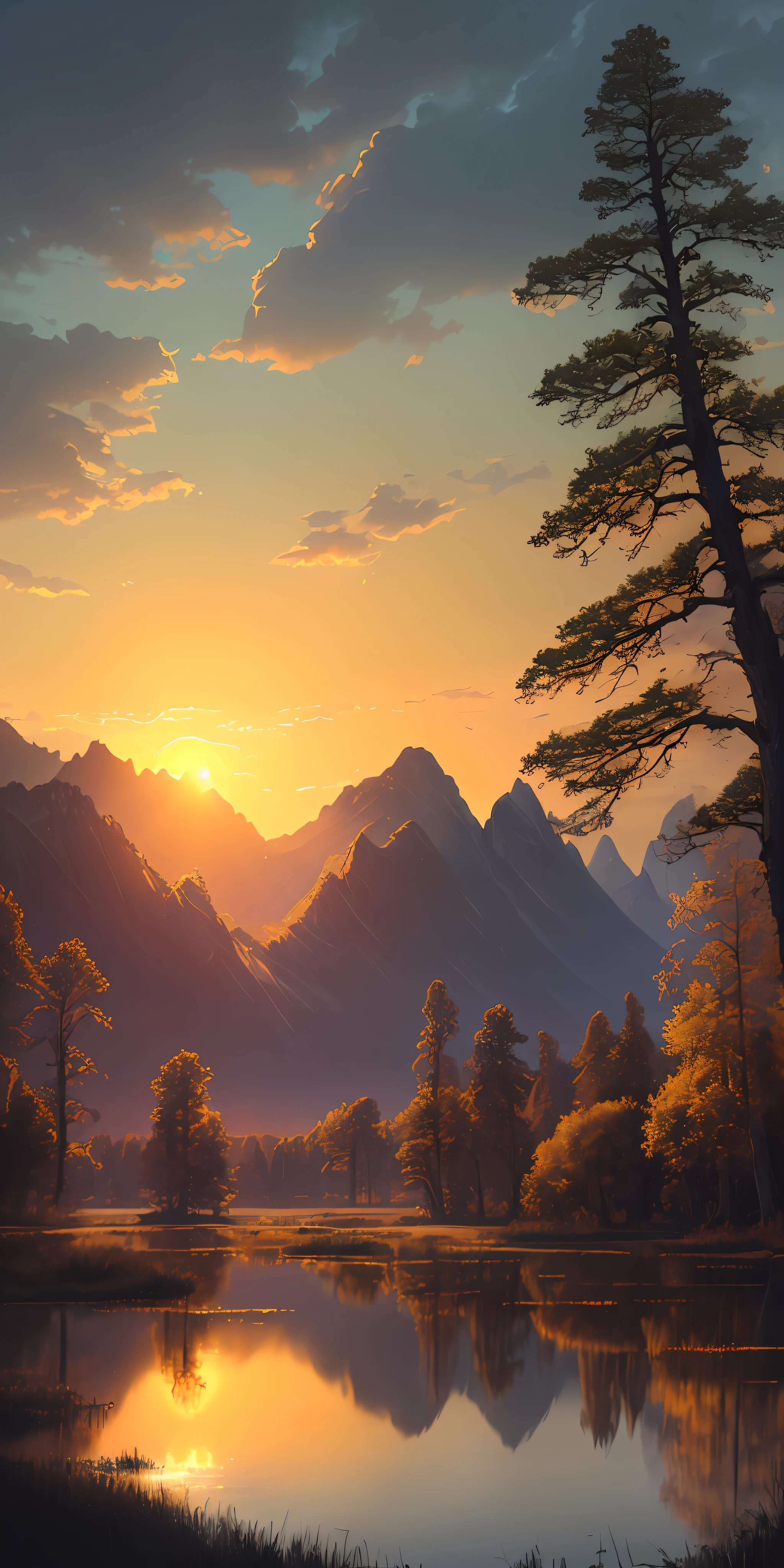 (masterpiece, best quality, high quality, highres:1.4), detailed, extremely detailed, ambient soft lighting, 4K, landscape, (dusk, setting sun, darkening sky:1.3), swamp, mire, mist, mountains in the background, crooked trees, darkness, dark fantasy, gothichorrorai