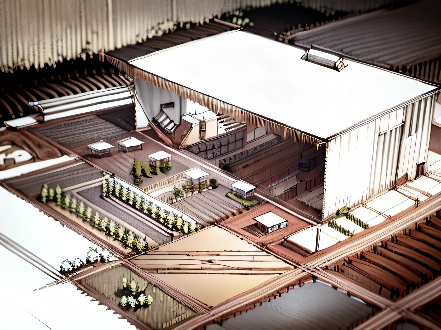 Drawn on rural revitalization projects,Architectural rendering of the "Agricultural and Sideline Products Production and Processing Experience Hall",The painting style is realistic,Don't cartoon type,Not limited to Chinese architecture,It can be combined with the design style of Vansworth or Zaha。