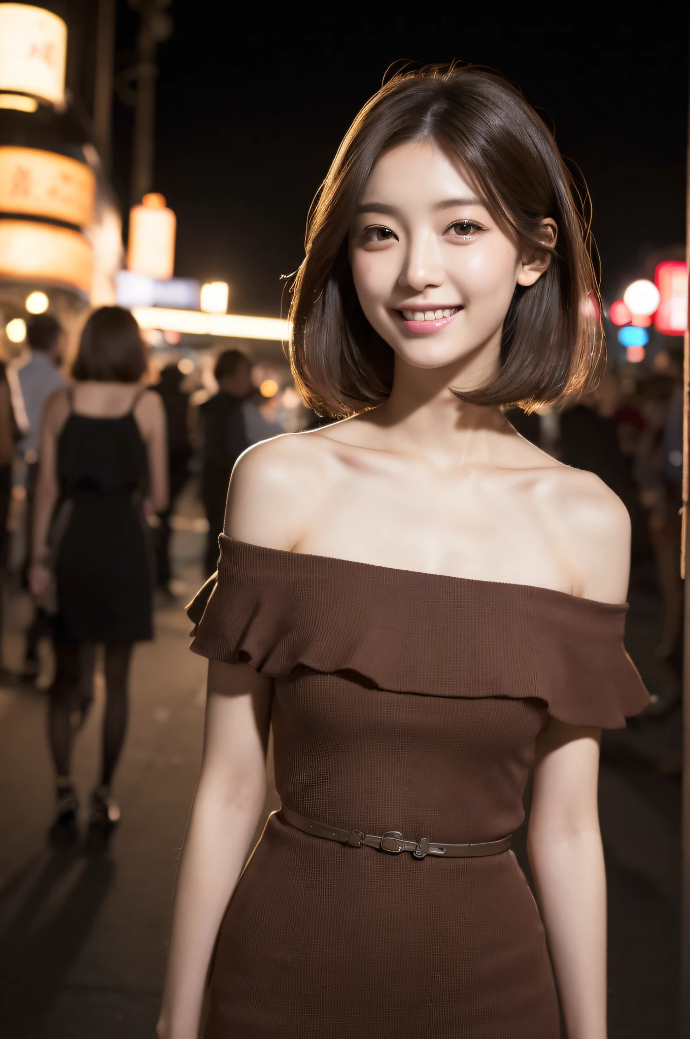 (Masterpiece:1.3), (8K, Photorealistic, Raw photography, Clear focus: 1.2, Best Quality:1.4), (1girl), Beautiful face, Realistic face, (Detailed face), Beautiful hairstyle, (Detailed bob hair), Realistic eyes, (Detailed eyes), Beautiful details, Realistic skin, (Detailed skin), Beautiful skin, Attractive, Ultra high definition, A hyper-realistic, Very detailed, Japanese beauty, (slim figure), gentle, brown bob hair, (super model figure), cute young Japanese girl, pretty young Japanese girl, (Outdoor, night: 1.1), City Street, smile, wide shot, off shoulder dresses, sexy