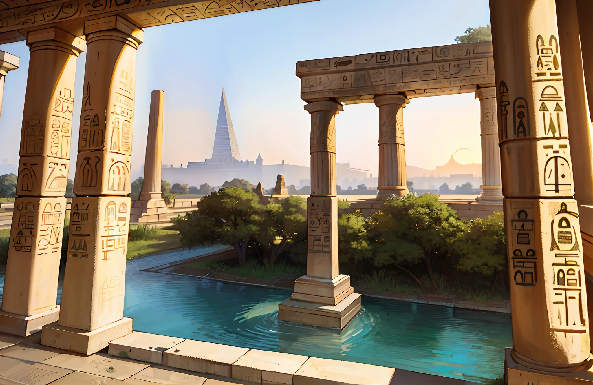 Magnificent ancient Egyptian-style temple,Ancient Egyptian temples,Ancient Egyptian temples,obelisk,Nile River,sunraise,epic sense,Sense of grandeur