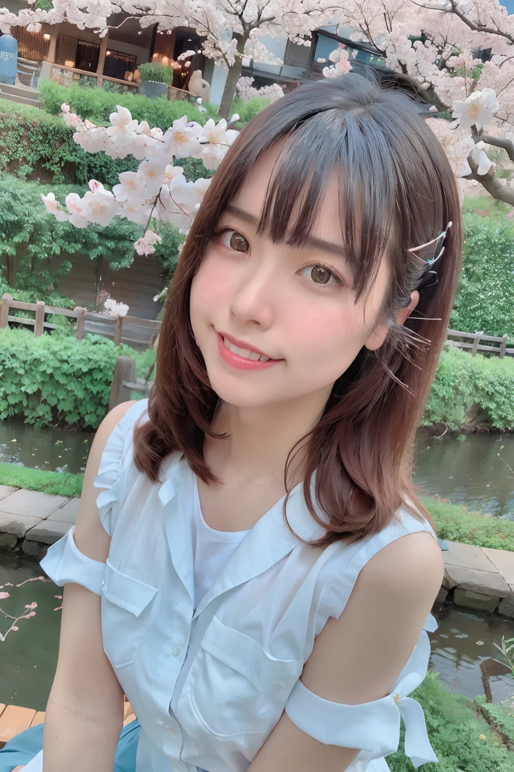 best quality, ultra high res, (photorealistic:1.4),blush,cute,(detailed face),light smile,
looking at viewer,
upper body, japanese clothes,
sunny,river,(cherry blossoms),blue sky,