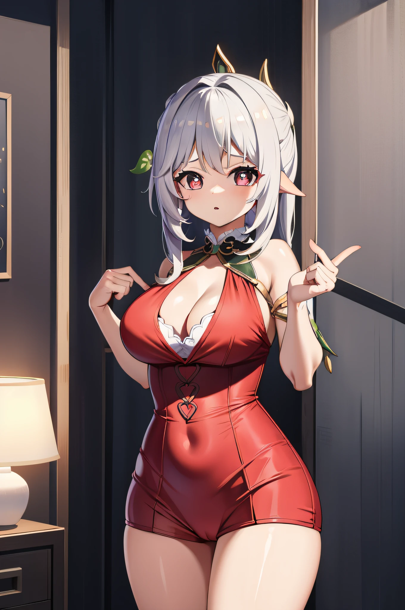 Nasida 1 girl, 独奏, ((white shirt)), black thighhigns, nedium breasts,, 校服, bedroom background,Bedrooms, hair adornments,big cleavage breasts, long whitr hair, looking at viewert, Pink eyes, 独奏, Thighs, Thighs, upper legs, ((tmasterpiece)), inside in room, Be red in the face, A sexy pose,