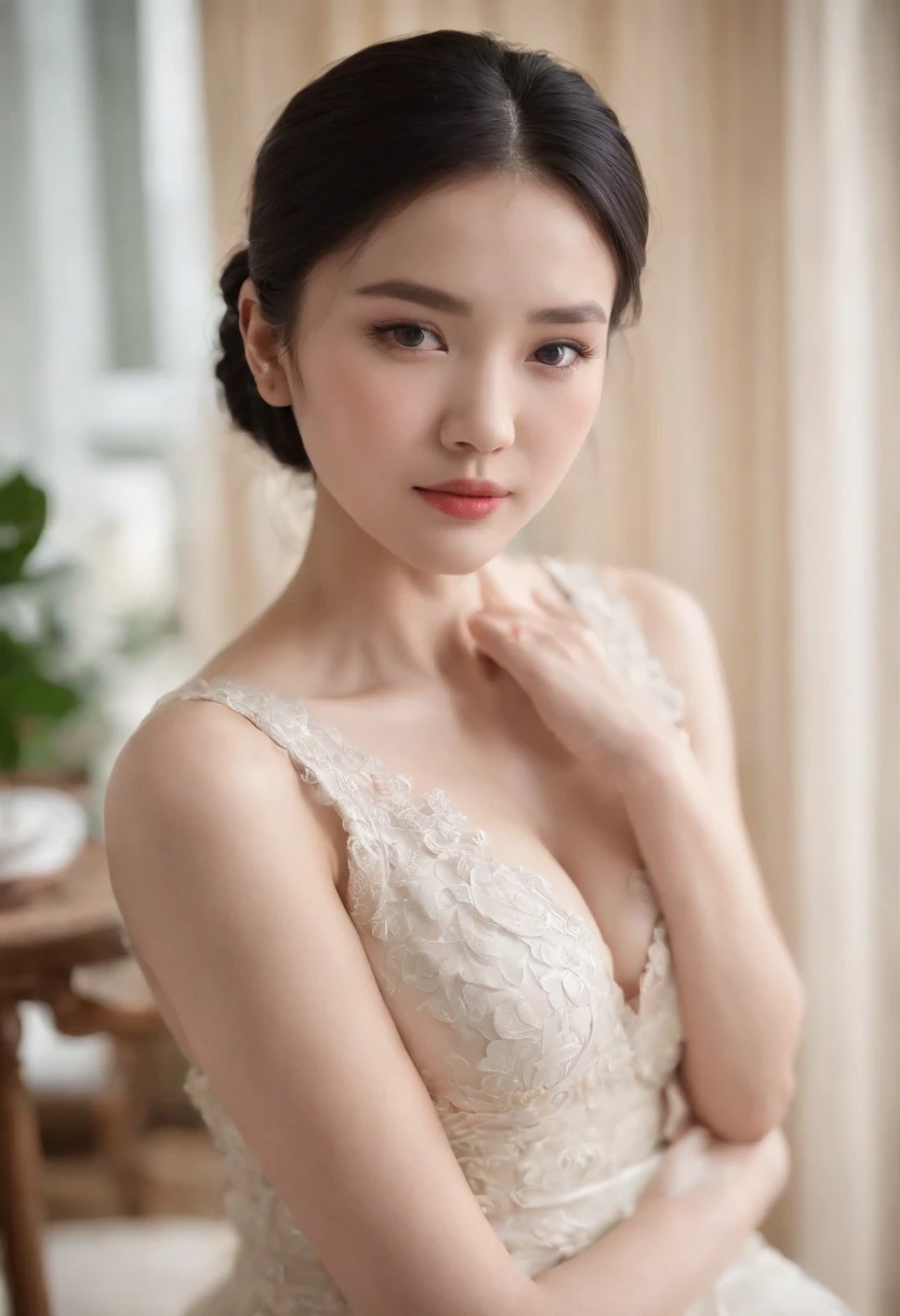 A woman sits quietly in the dining room，Chinese woman，20yr old，Black hair that runs long，Tender，She looked into the distance，The clothes are elegant，huge tit，gigantic cleavage breasts，Breasts larger than watermelons，Snow-whiteskin，Skin texture