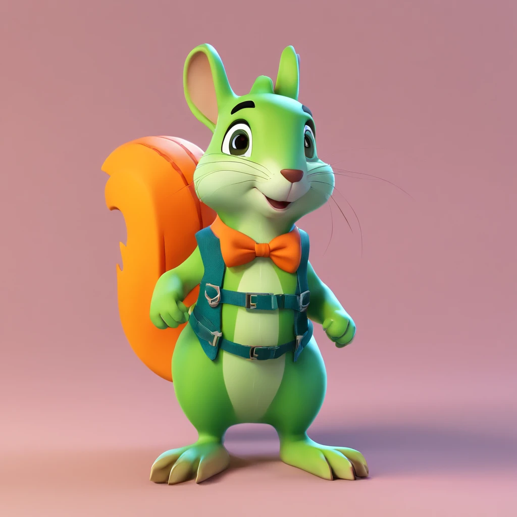 Three View,Left view,posterior view,right view,plastic toy,Gray squirrel wearing green suspenders and orange shirt,Wear sneakers, Gray squirrel,Cute cartoon character, Cute characters, cute forest creature, Cartoon style, Disney, 。.。.3D, 。.。.3D, Escultura,,Disney,Disney。3 d rendered, 。.3D model