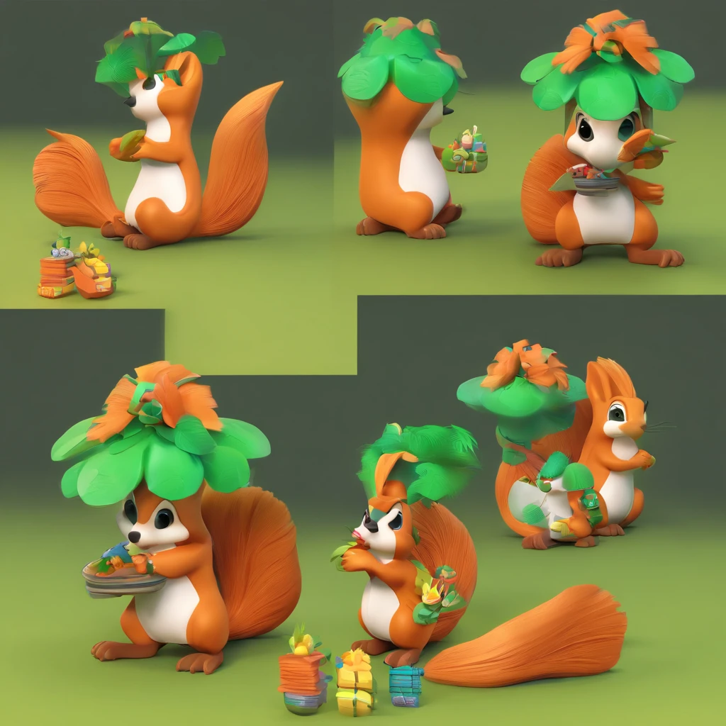 Three View，Left view，posterior view，right view，plastic toy，Gray squirrel wearing green suspenders and orange shirt，Wear sneakers, Gray squirrel，Cute cartoon character, Cute characters, cute forest creature, Cartoon style, Disney, 。.。.3D, 。.。.3D, Escultura,，Disney，Disney。3 d rendered, 。.3D model