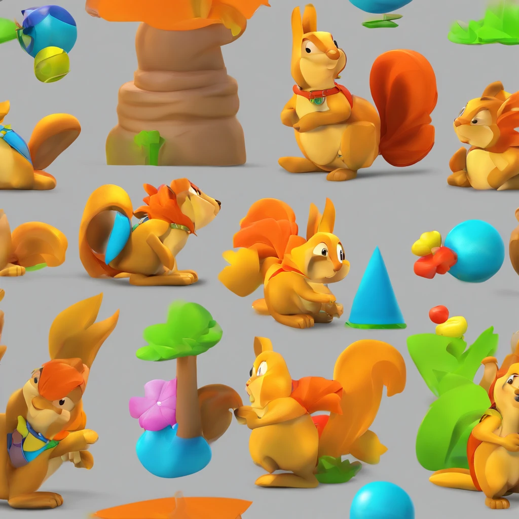 Three View,Left view,posterior view,right view,plastic toy,Gray squirrel wearing green suspenders and orange shirt,Wear sneakers, Gray squirrel,Cute cartoon character, Cute characters, cute forest creature, Cartoon style, Disney, 。.。.3D, 。.。.3D, Escultura,,Disney,Disney。3 d rendered, 。.3D model