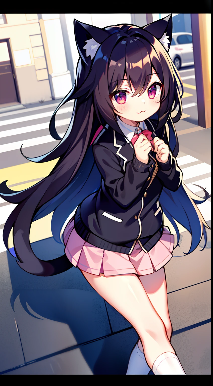 tmasterpiece, Need, 1girl, whaite hair, mid - length hair, cat ear, eye closeds, looking at viewert, :3, adolable, 围巾, jaket, short skirt,exteriors, the street,
