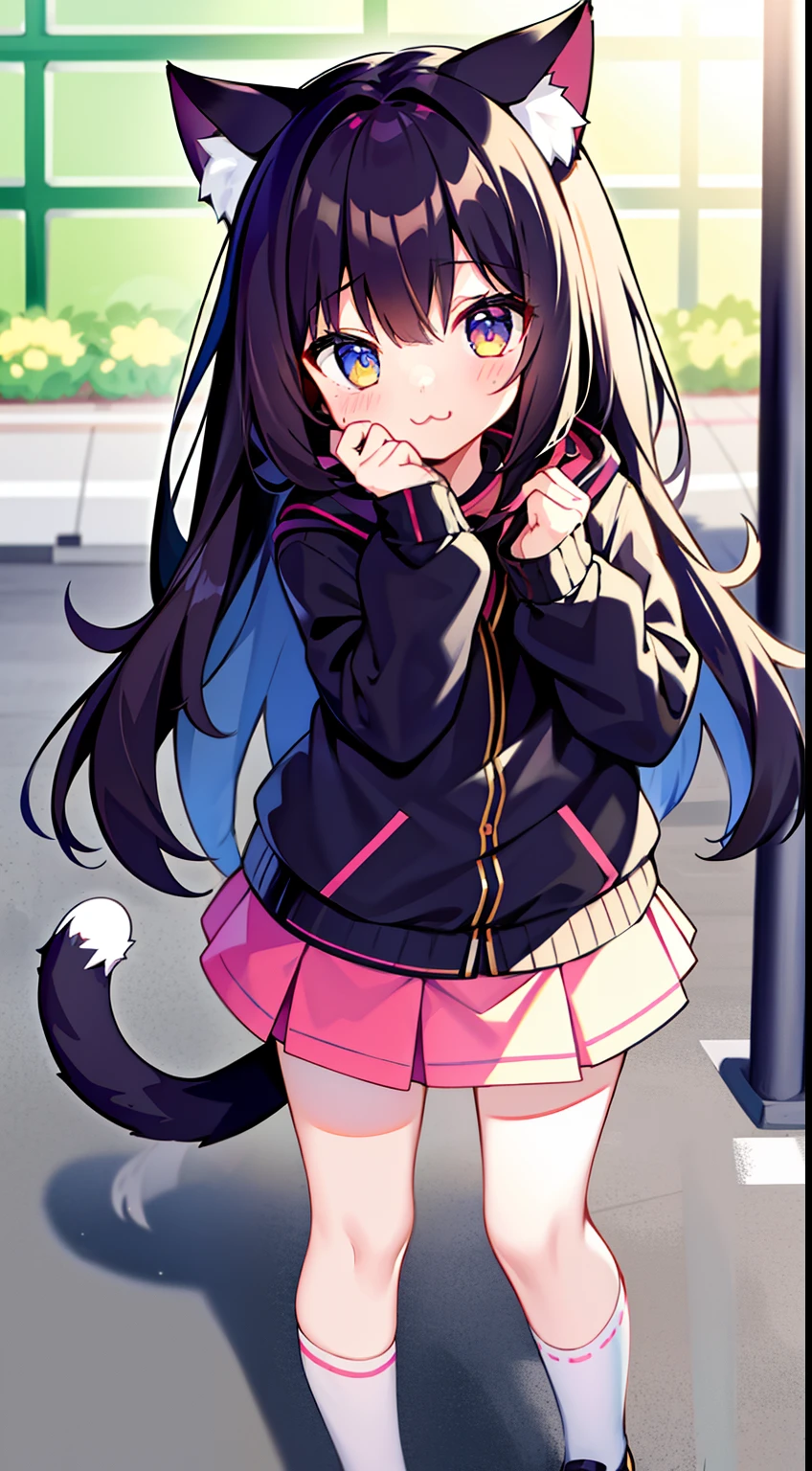 tmasterpiece, Need, 1girl, whaite hair, mid - length hair, cat ear, eye closeds, looking at viewert, :3, adolable, 围巾, jaket, short skirt,exteriors, the street,
