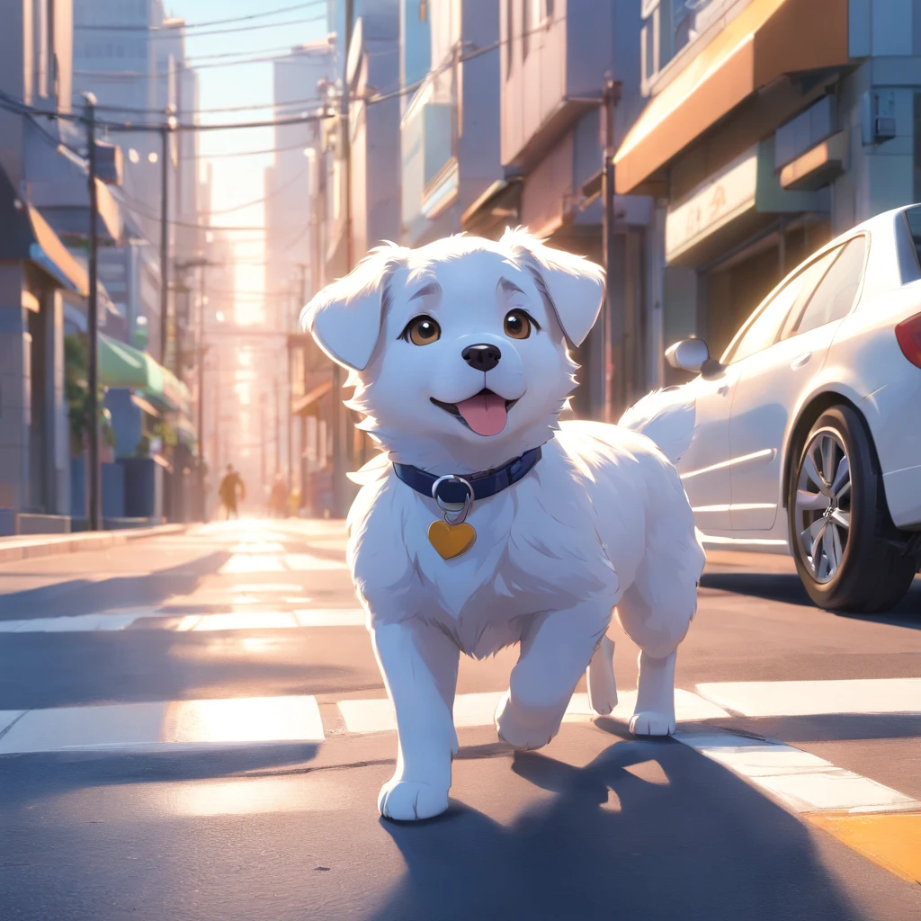 Front 3D illustration,A cute white silver highland puppy walking down the street and in a car